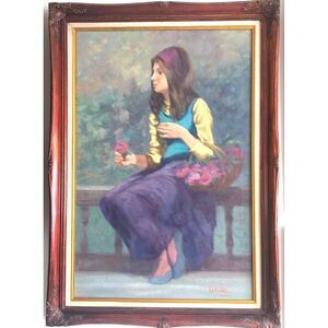 Painting Philippe Alfieri Girl With Roses Oil On Canvas Signed 1960s Italian